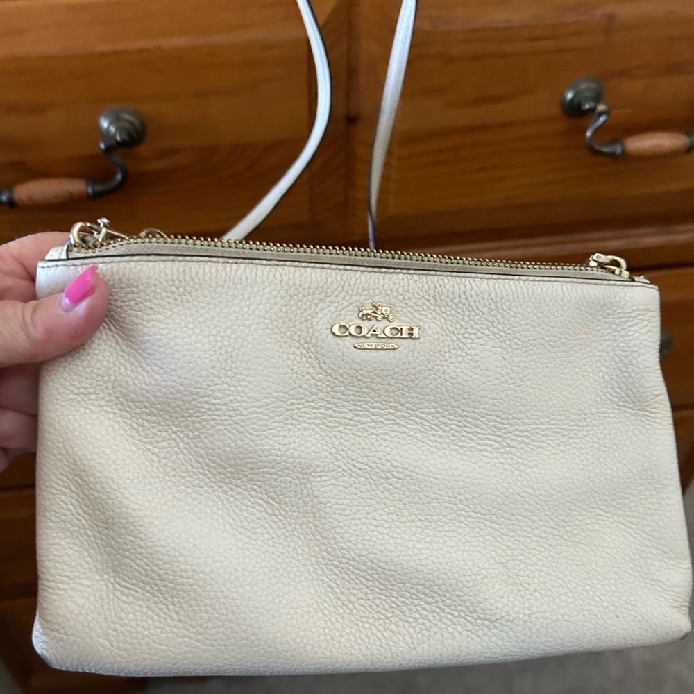 Coach Cream Pebbled Leather Double Zipper Crossbody Bag